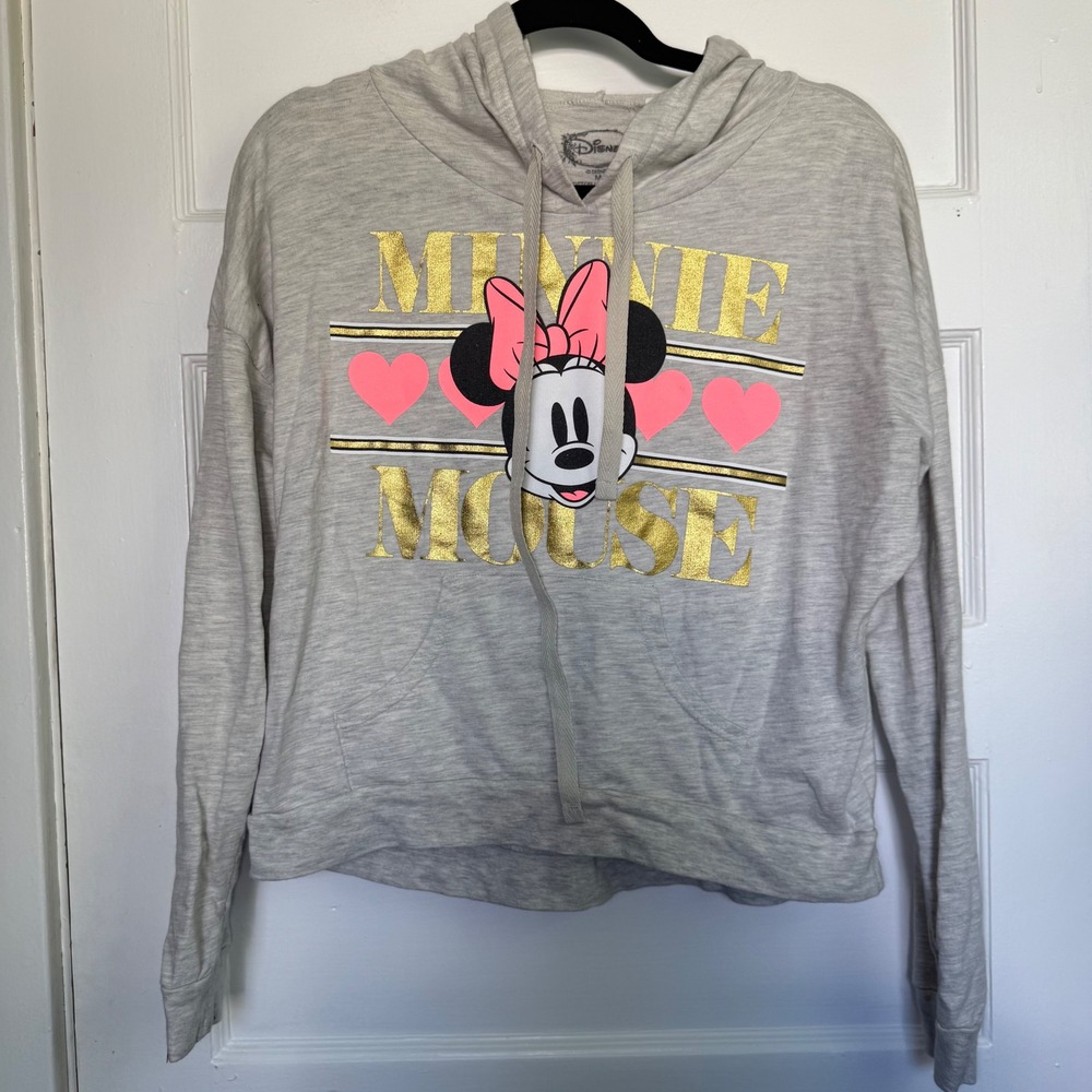 Disney Minnie Mouse Gray Hoodie Metallic Gold Foil Hearts Sweatshirt JJ2701 M